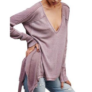 Free People Pacific Drippy Waffle Knit Thermal Tunic Plunging Top Purple Small